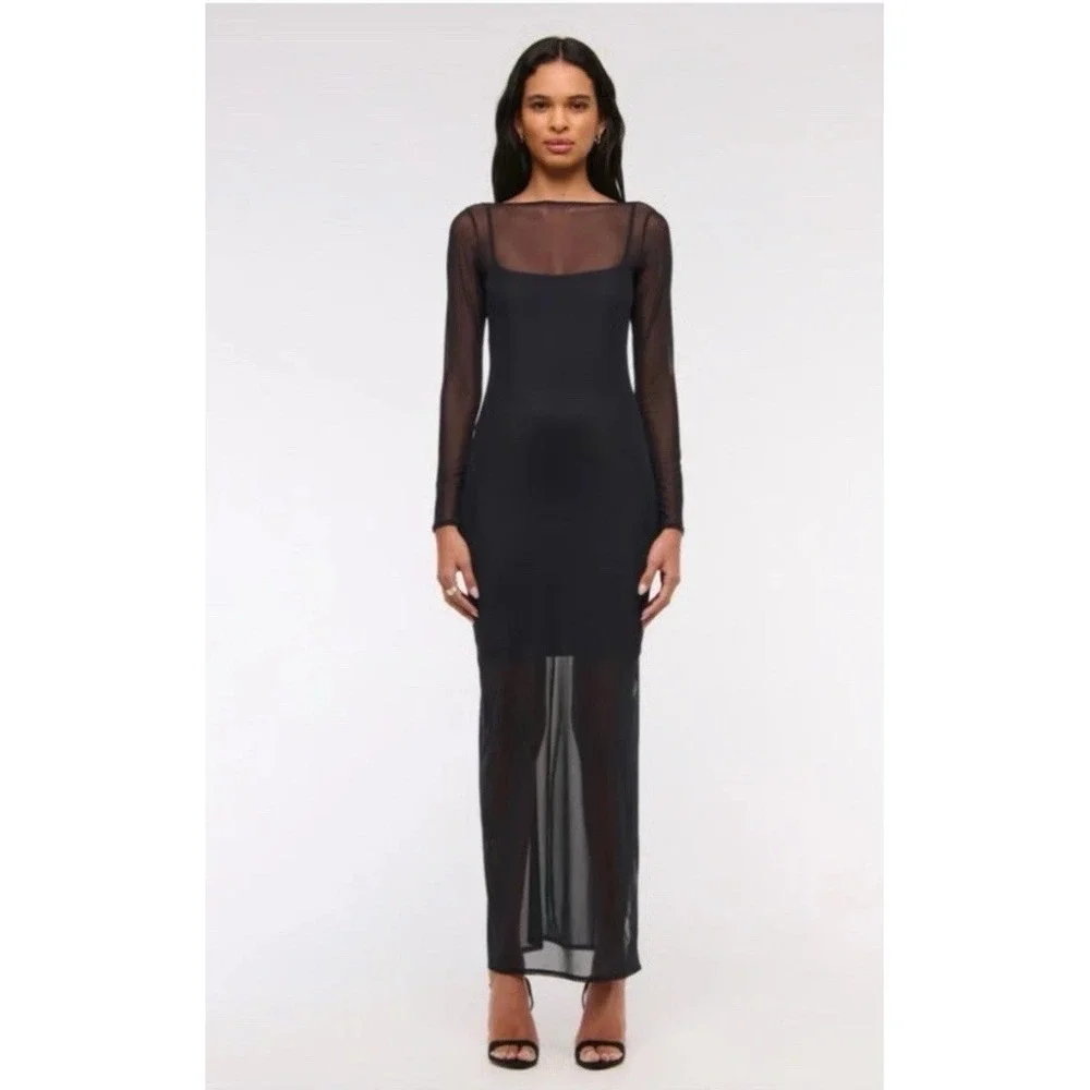 Abercrombie & Fitch‎ Long Sleeve Mesh Maxi Dress Sz S Sheer Open Back Slit Party